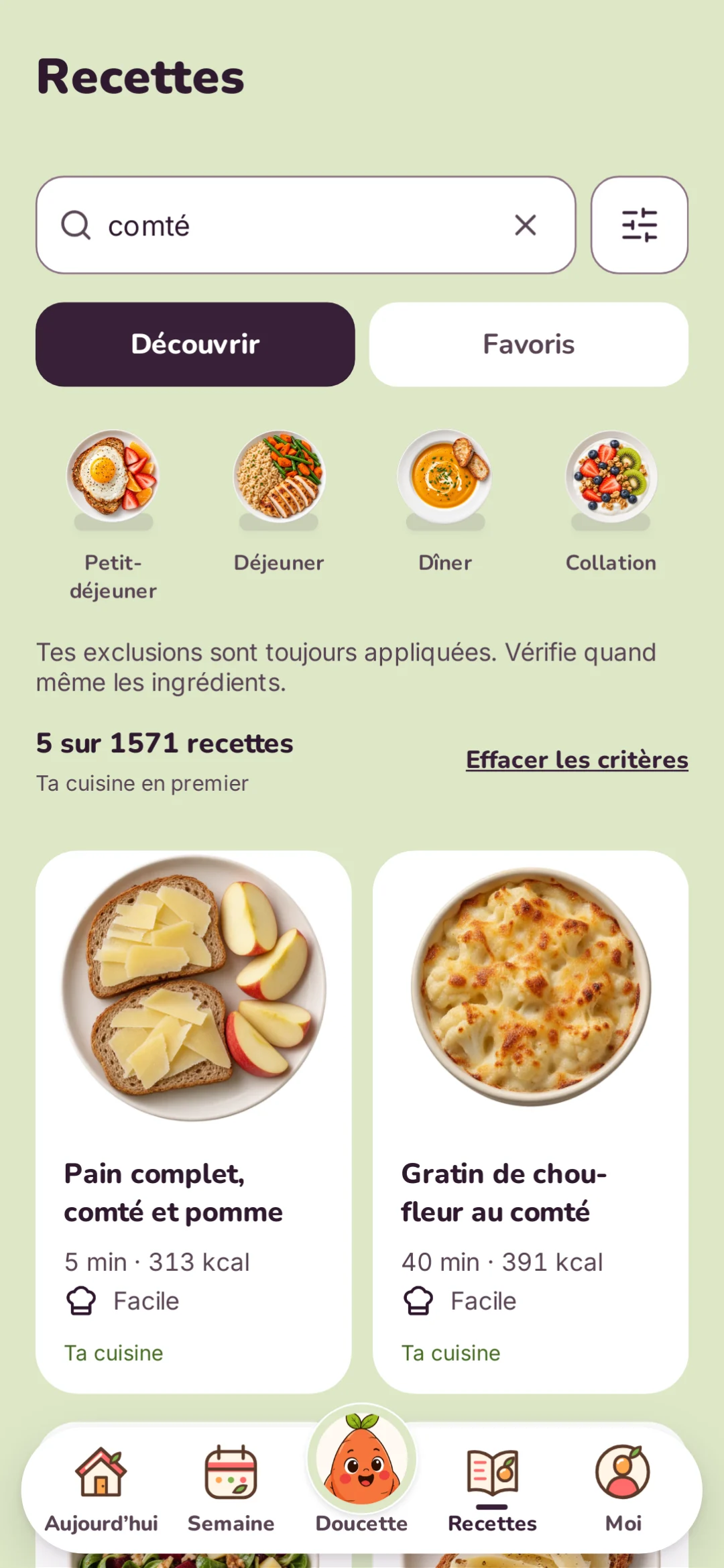 Écran Recettes de Doucette : recherche « comté », gratin de chou-fleur et tartine comté-pomme