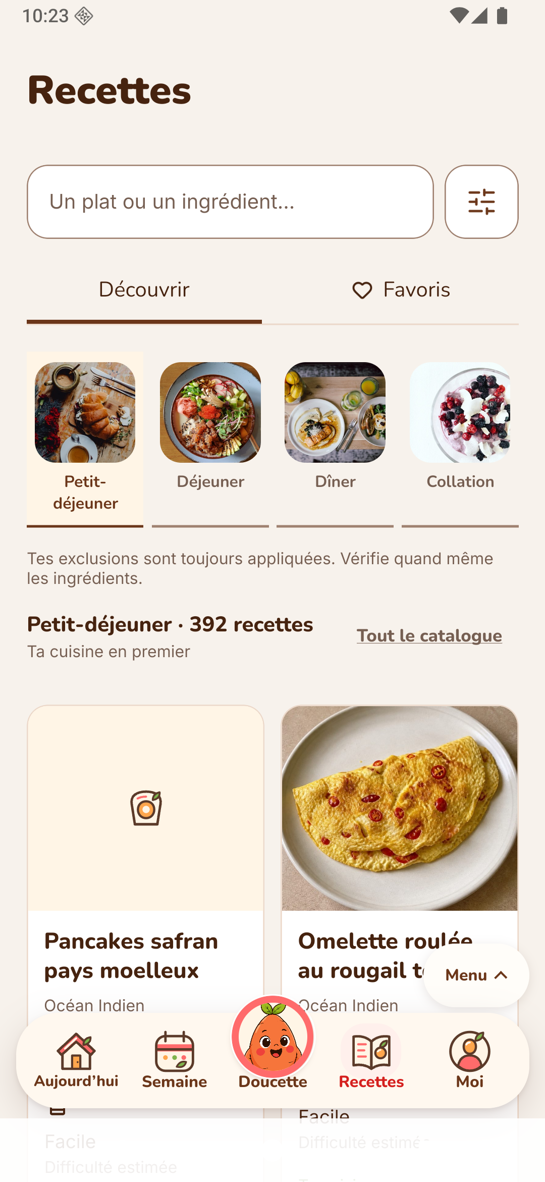 Aperçu des recettes de Doucette, avec des photos de plats ajoutées à titre d’illustration