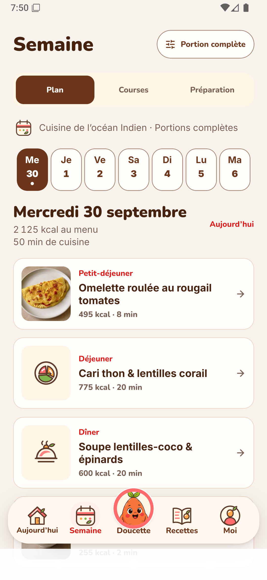 Aperçu de la semaine dans Doucette, avec des photos de plats ajoutées à titre d’illustration