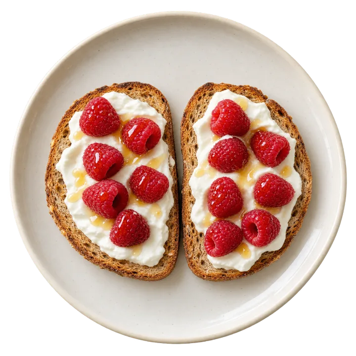 Deux tartines de fromage blanc garnies de framboises